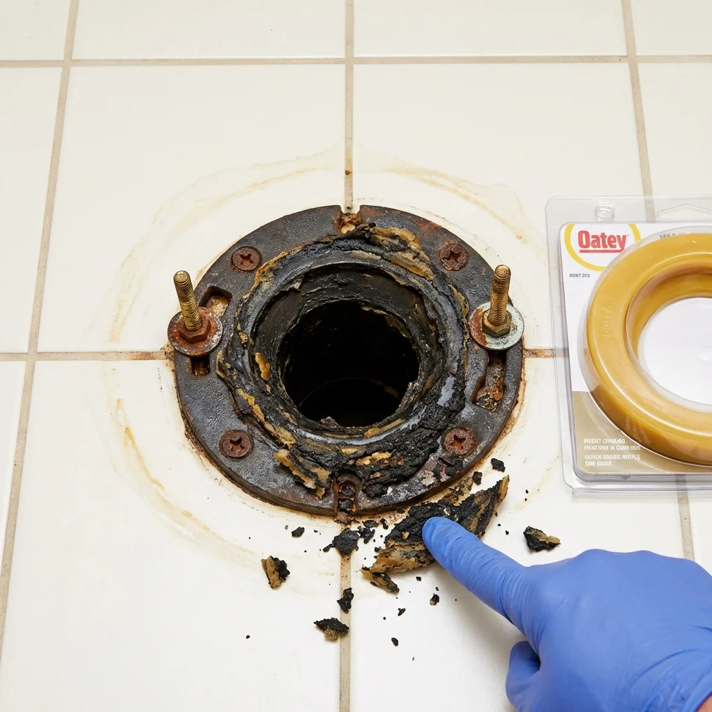 Failed wax ring showing water seepage at the base of a toilet in a Woodville, MS home